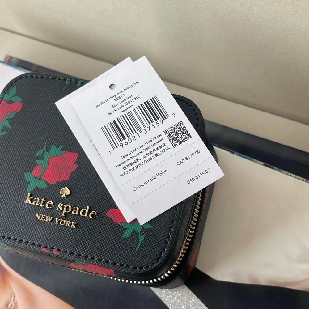 (new+tag) Kate Spade chic black jewelry box with vibrant red floral design